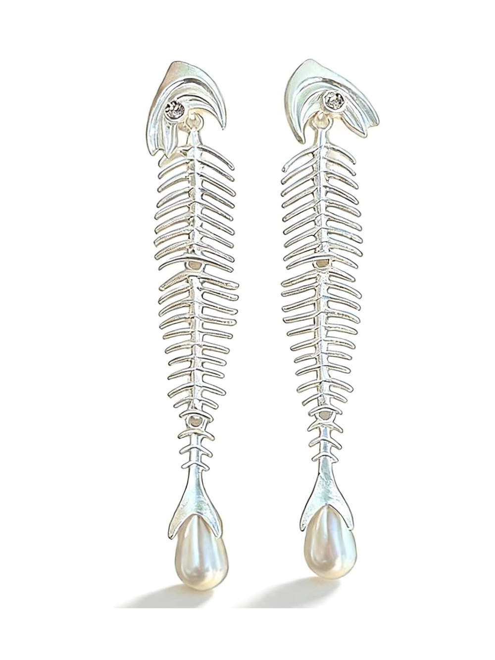 Silver Fish Bone Drop Earrings | Pearl Accent Statement Earrings | Coastal Chic